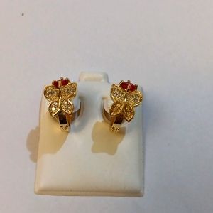 Earrings butterfly zirconia red 18 k gold plated